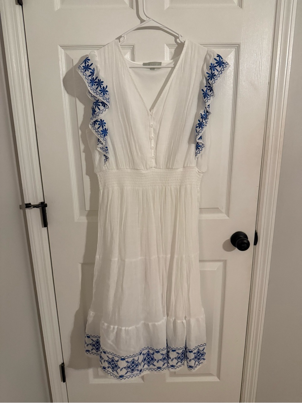 White Dress with Blue Embroidered Trim and Smocked Waist